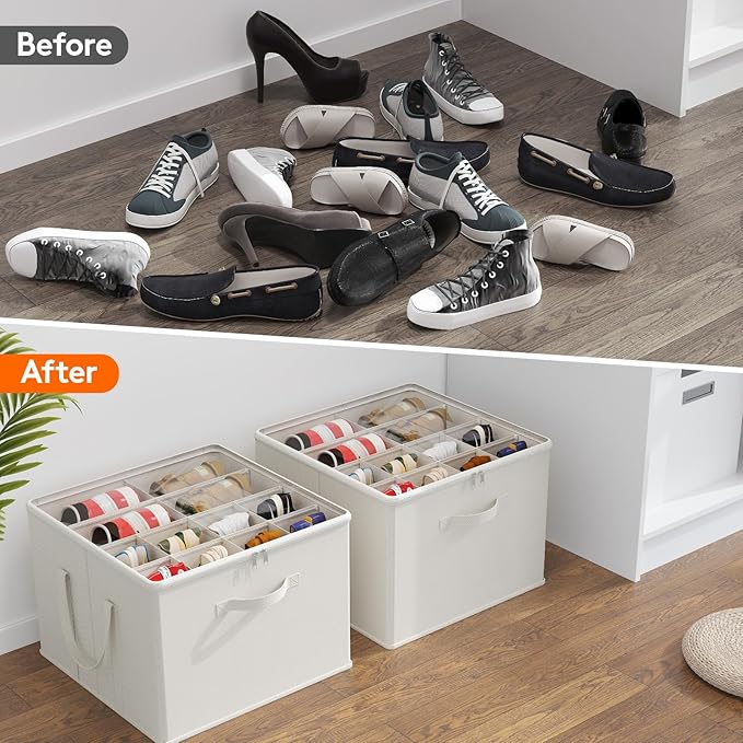 Lifewit Shoe Storage Organizer for Closet Fits 12-16 Pairs, Fabric Large Shoe Box Storage Container with Clear Cover, Foldable Bins Fit for Boots Heels Sneakers 17"(L) x 17"(W) x 12.5"(H) 3 Pack White