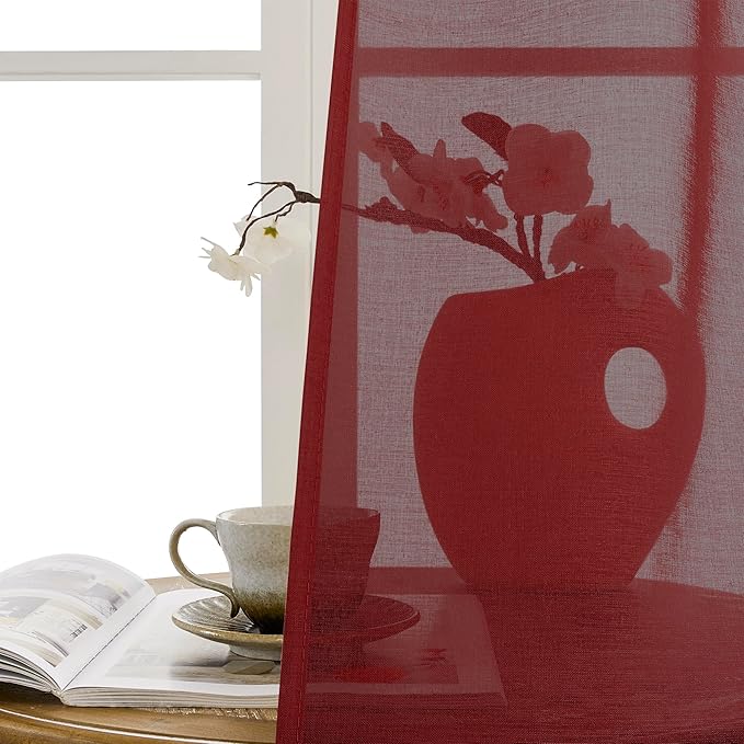 Tollpiz Small Sheer Door Curtain Closet Linen Textured Curtain Sheers Doorway Light Filtering Voile French Door Rod Pocket Curtains Patio Glass Door, 25 x 40 inches Long, Burgundy Red, Set of 1 Panel