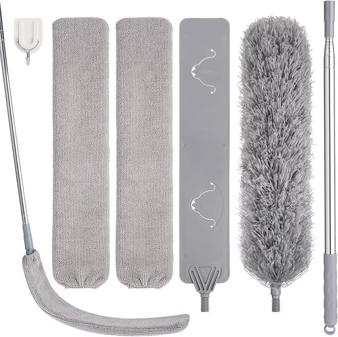 Feather Duster Set (4 Pieces), 30-100 inch Microfiber Retractable Gap Duster for Cleaning Ceilings, Furniture Refrigerators and Under Sofas | Bendable Head for Corner Cleaning, Washable Reusable Duster, Household Tool for Ceiling Furniture Under Sofa