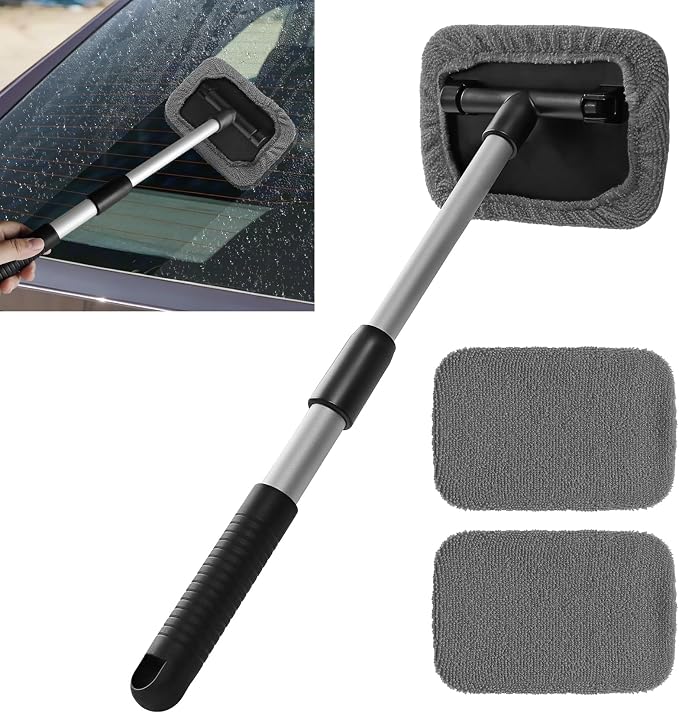 Windshield Cleaning Tool, Car Window Cleaner, Vehicle Window Cleaner with Extendable Handle & 2 Washable Microfiber Pads, Car Interior Glass Wiper Cleaning Kit for Most Vehicles (Grey)