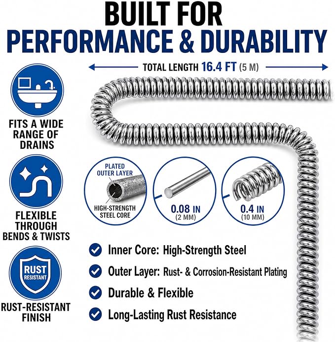 Drain Snake Clog Remover Kit, 16.4 FT Long Flexible Drain Snake Auger with Auto Feed & Drill Attachment, 79 Inch Grabber Claw, Hair Removal Tools for Kitchen Sink, Shower and Bathtub