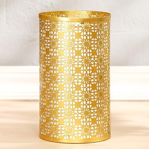 Small Gold Trash Can, Decorative Floral Waste Basket with Perforated Design, Elegant Gold Garbage Can for Bathroom, Bedroom, Office and Kitchen, 7" W X 7" L X 12" H