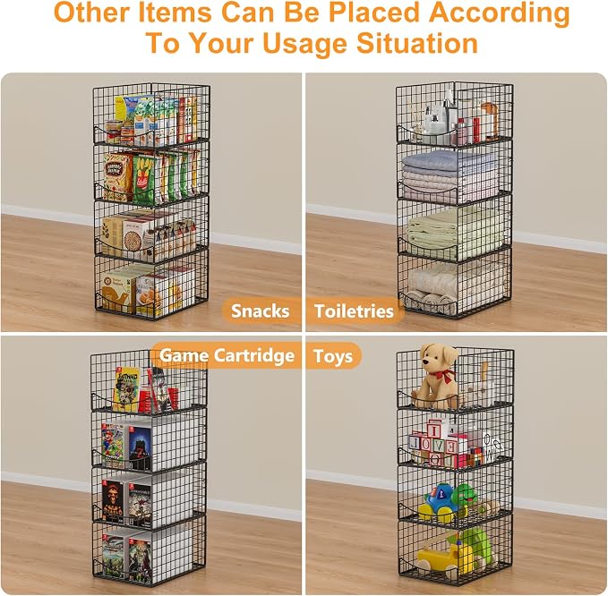 Hongtamoya 4-Tier Stackable Closet Organizers and Storage Shelves, Clothes Storage Basket, Clothes Shelf Organizer Sweater Organizer Bins Container for Wardrobe Kitchen Bathroom Office, Black