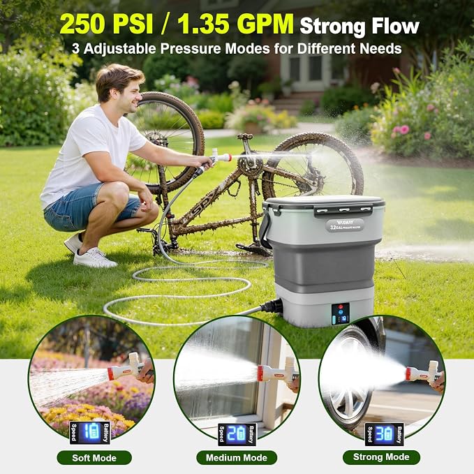 VAXMAY Portable Cordless Pressure Washer with 3.2 Gal Tank, Foldable Power Washer with 250PSI, 1.35GPM, 5 in 1 Nozzle, 3 Modes, 3H Runtime,16.4FT Hose, Portable Spray Washer for Car, Camping, Garden