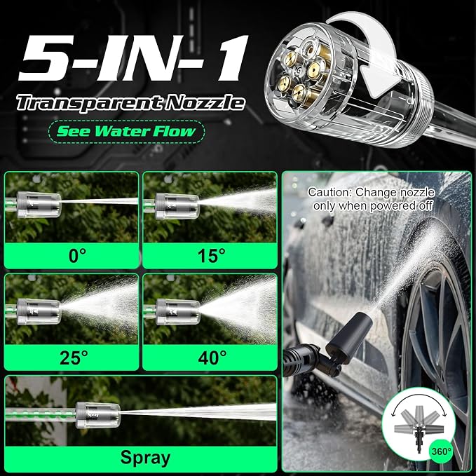 Cordless Portable Washer for Car, Handheld Washer with Brushless Motor, 2 x 4.0 Ah Batteries, 5-in-1 Nozzle & 360° Rotating Nozzle, Safty Lock, Battery Operated Washing Machine for Home Yard Garden