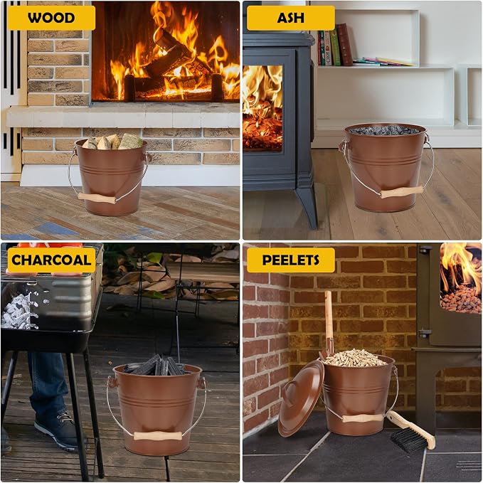 Mini Ash Bucket with Lid, Fireplace Ash Bucket - Copper | 1.5-Gallon Ash Bucket With Lid and Shovel and Hand Broom, Metal Ash Bucket for Fireplace, Fire Pit, Wood Stove