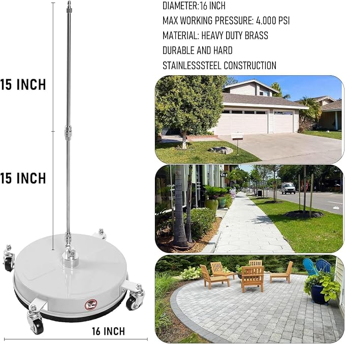 Hourleey 16" Pressure Washer Surface Cleaner, Stainless Steel Surface Cleaner with 4 Wheels for Concrete, Patio, Sidewalk, Deck, Pathway 1/4" Quick Connector, 2 Extension Wand, 4000 PSI