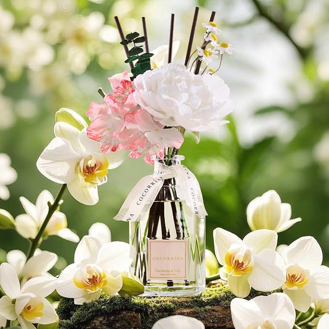 Reed Diffuser - Gardenia & Lily 8.5 Fl.oz Flower Reed Diffuser with Sticks, Bedroom Bathroom Shelf Decor (Floral Basket Collection)
