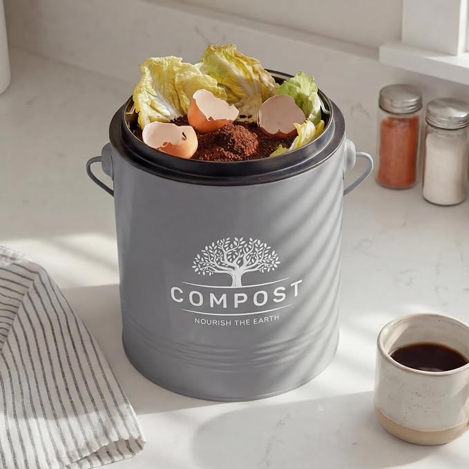 Perfnique Kitchen Compost Bin, 1.3 Gallon Countertop Compost Bin with Lid, Indoor Compost Bucket Includes Inner Bucket Liner and Carbon Filter, Small Compost Bin with Trash Bags (with Bags, Grey)