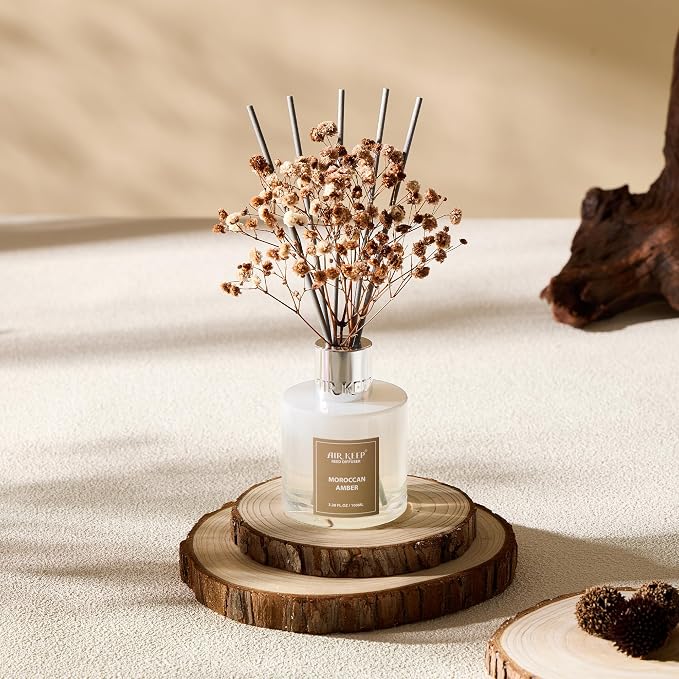 Reed Diffuser Set,3.38 fl oz (100 ml) - Moroccan Amber Oil Diffusers with 8 Reed Sticks, Home Fragrance Reed Diffuser for Bathroom Shelf Decor