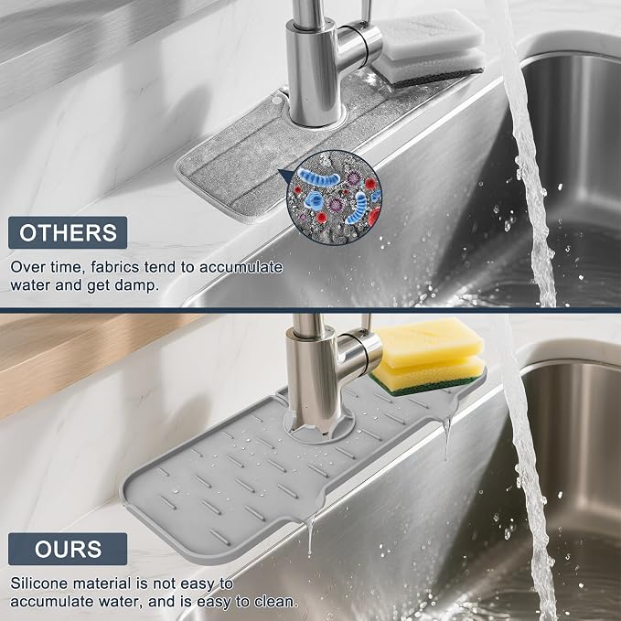 Kitchen Faucet Sink Splash Guard, Silicone Faucet Water Catcher Mat – Sink Draining Pad Behind Faucet, Grey Rubber Drying Mat for Kitchen