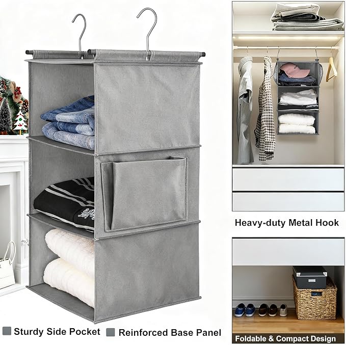 Hanging Closet Organizer, Foldable Shelves, Grey (3) | 3-tier hanging shelves for closets. Foldable, lightweight fabric holds clothes & shoes. Fits dorms, RVs, apartments. Grey