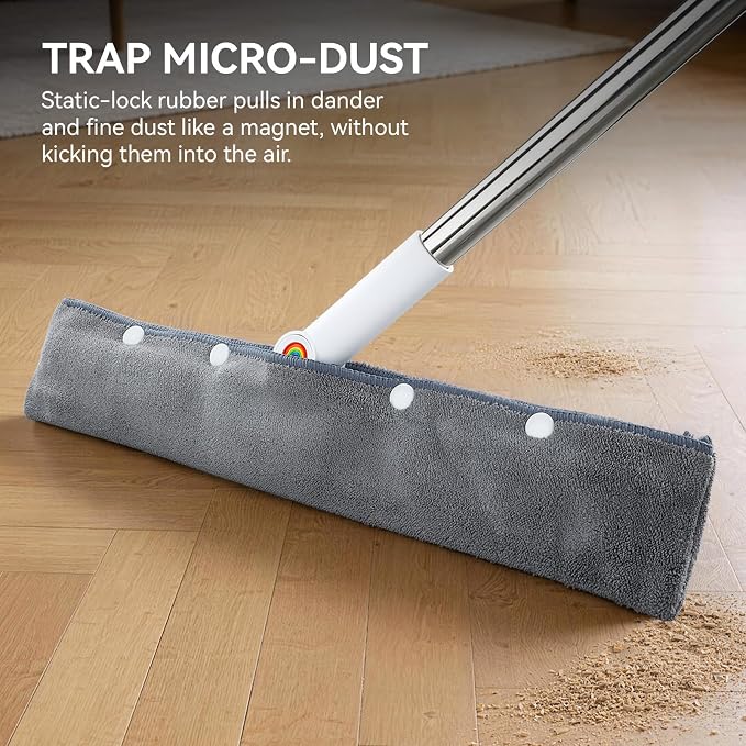 Magic Squeegee Broom for Floors, 62 in Handle, Rubber Pet Hair Remover | Works on tile, concrete, carpet and windows; includes 2 microfiber pads for wet and dry cleaning
