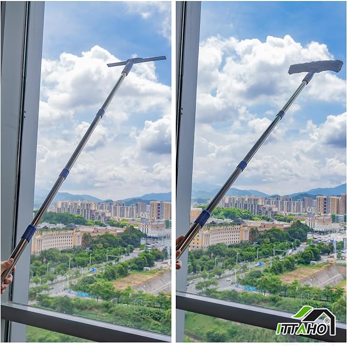 81" Window Squeegee Cleaner, Window Cleaning Tool Kit,12" Squeegee and 11" Microfiber Scrubber Combi with Stainless Steel Pole for Car,Sliding Door,Shower Glass Door-Swivel Style-2 Pads