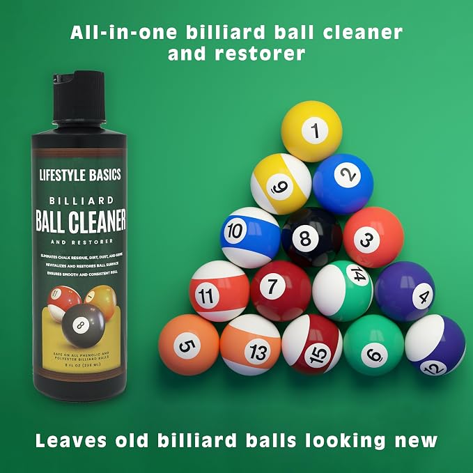 Lifestyle Basics Billiard Ball Cleaner and Restorer Polish | All-in-One Pool Ball Cleaner | Removes Chalk Residue, Dust, Dirt, and Grime