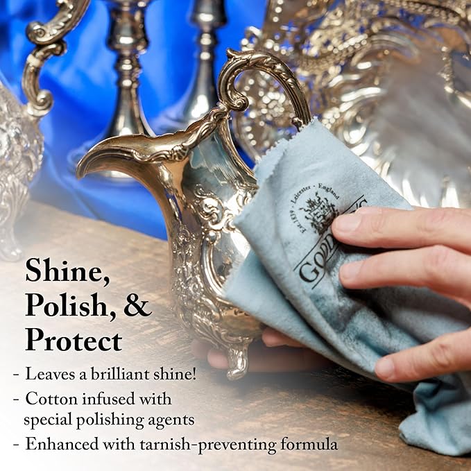 Goddard's Silver Polishing Cloth for Jewelry, Remove Tarnish on Plated or Sterling Silver, Gold, Antiques, and Leaves Tarnish Protection, 2 Cloths