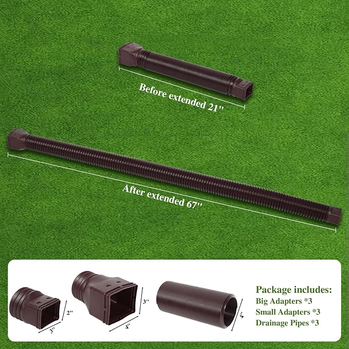 Gutterlix 3 Pack Flexible Gutter Downspout Extensions Extendable from 21" to 67", Downspout Extender Comes with Adapters, Thickened Down spout Drain Extension for Rainwater Drainage(Brown)