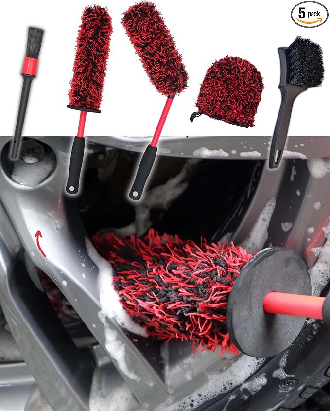 oesee Metal Free Microfiber Wheel Brush Kit- Microfiber Angled Wheel Brush, Long Handle Wheel Brush, Tire& Detailing Brush, Wheel Wash Mitt. Hands-On Wheel Detailing Kit for Daily Wheel Cleaning