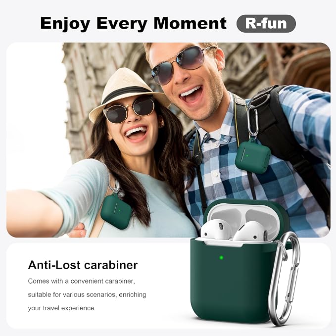 R-fun for AirPods 1/2 Case, Soft Silicone Protective Cover with Keychain and Cleaning Pen, Compatible with AirPods 2nd/1st Generation (2016/2019), Full Drop Protection Cover, Black Green