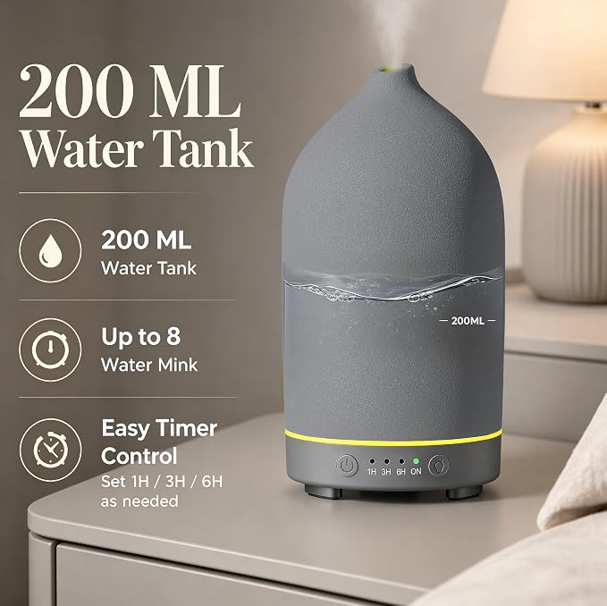 200ML Ceramic Essential Oil Diffuser for Home, Stone Diffuser | Ultrasonic Aromatherapy Diffuser & Air Humidifier for Bedroom, Office, Yoga, 7 LED Lights, Auto Shut-Off, 3 Timers, Grey