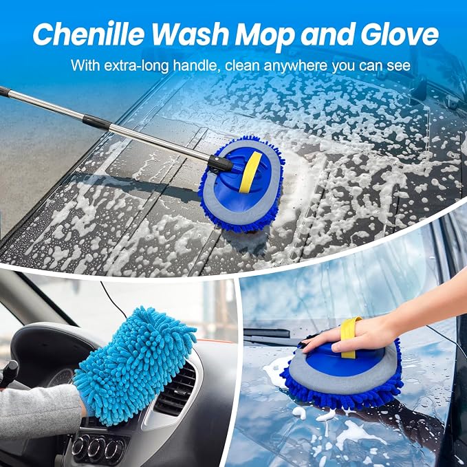 ARTIPOLY 65'' Five-Sided Car Wash Brush with Long Handle, Scratch-Free Car Cleaning Kit with Soft Wash Brush, Tire Brush, Window Squeegee, Car Wash Mitt, Microfiber Cleaning Head & Extension Pole