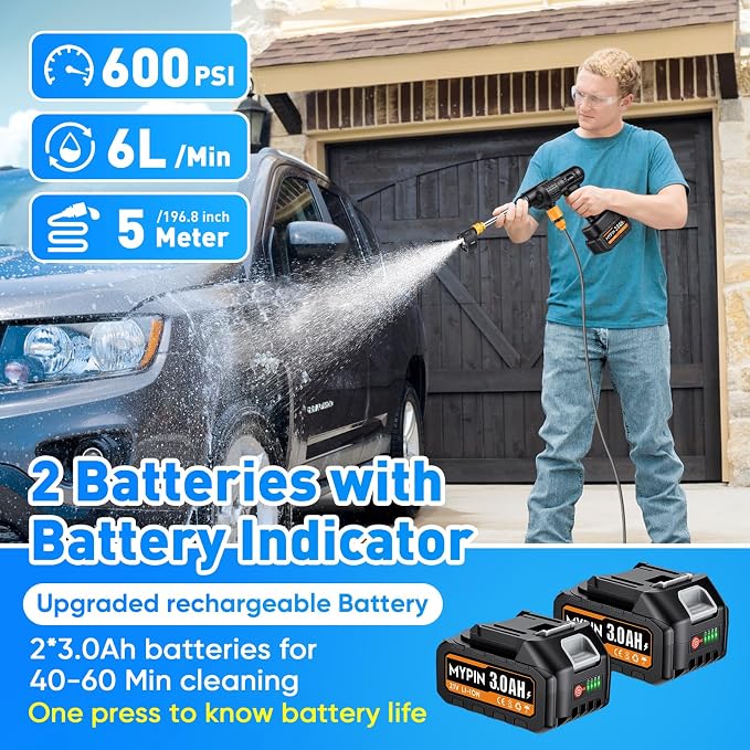 Portable Cordless 600PSI Pressure Washer, 6-in-1 Nozzle with Jet Nozzles | 21V 2x3.0Ah Batteries Handheld Car Powered Washer with Battery Level Display for Car Floor Wall Fence Garden Cleaning