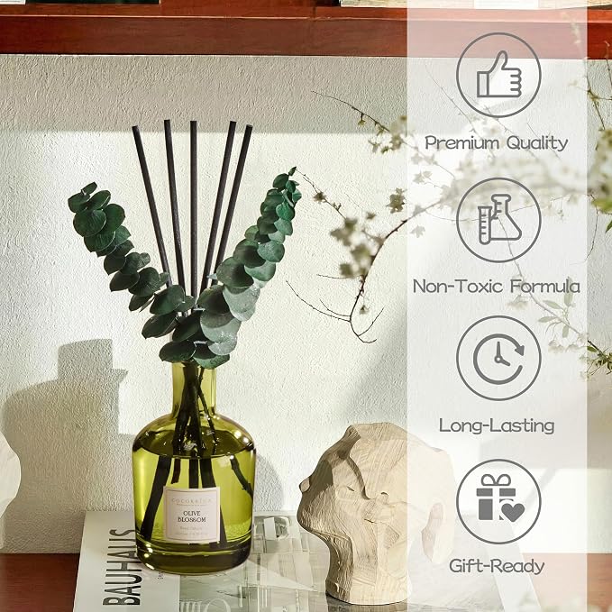 Olive Blossom Reed Diffuser, 6.76 oz | Real Dried Eucalyptus Leaves, 8 Reeds, Long-Lasting Essential Oil, Home Fragrance, Bedroom or Bathroom Décor