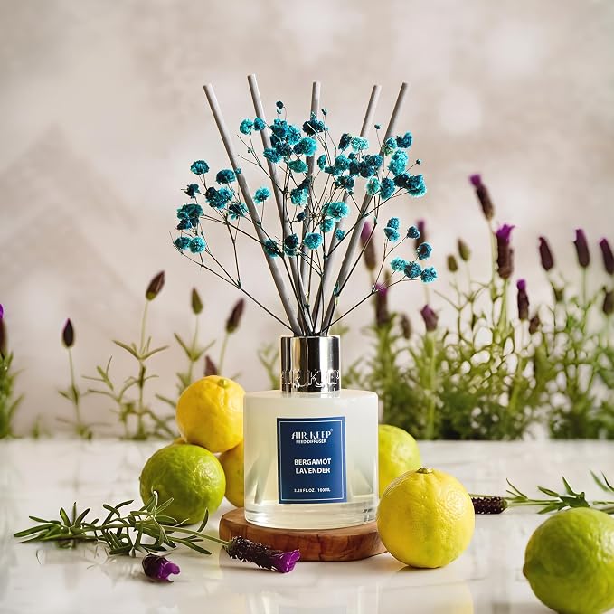 Reed Diffuser Set,3.38 fl oz (100 ml) - Bergamot Lavender Oil Diffusers with 8 Reed Sticks, Home Fragrance Reed Diffuser for Bathroom Shelf Decor
