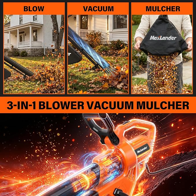 MAXLANDER 3 in 1 Electric Corded Leaf Blower, Leaf Vacuum and Leaf Mulcher | 460CFM 170MPH Powerful Leaf Vacuum with 34L Collection Bag, 10:1 Mulch Ratio, Corded Leaf Blowers for Lawn Yard Cleanup