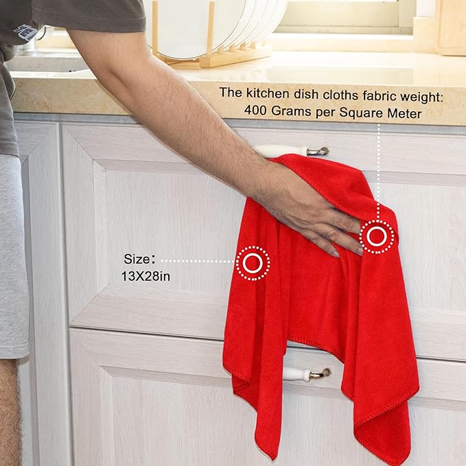 kimteny 13x28 Inches Kitchen Cloth Dish Towels, 400 GSM Premium Dishcloths, Super Absorbent Coral Velvet Microfiber Cleaning Cloths, Fast Drying Rags for Washing Dishes (6 Pack, Red)