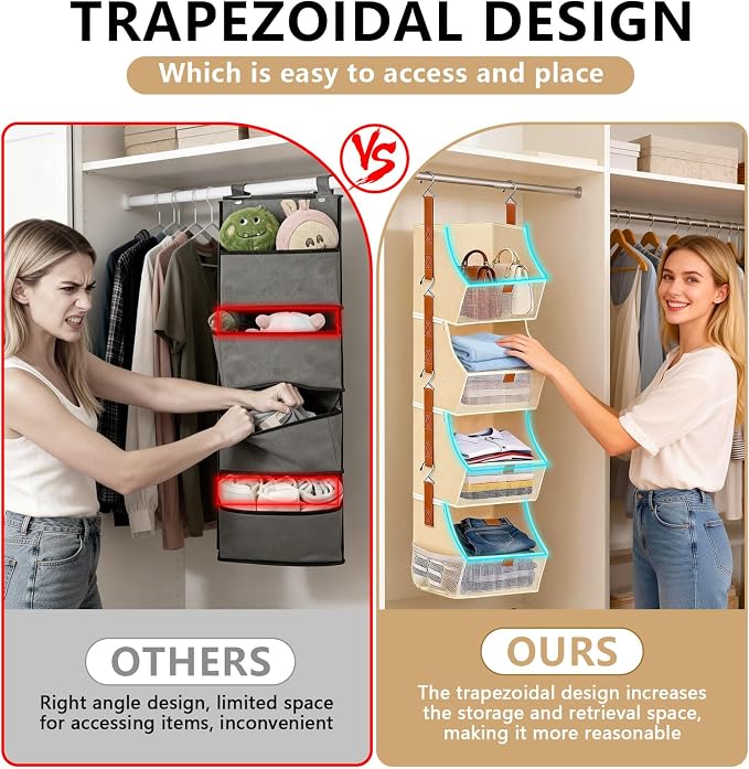 Fabric Hanging Closet Clothes Organizers and Storage Detachable 4 Tier | Hanging Clothes Organizers for Bedroom,Dorm,RV,,Camper,See Through Front Panel,Space-Saving,Can Be Separated Individually