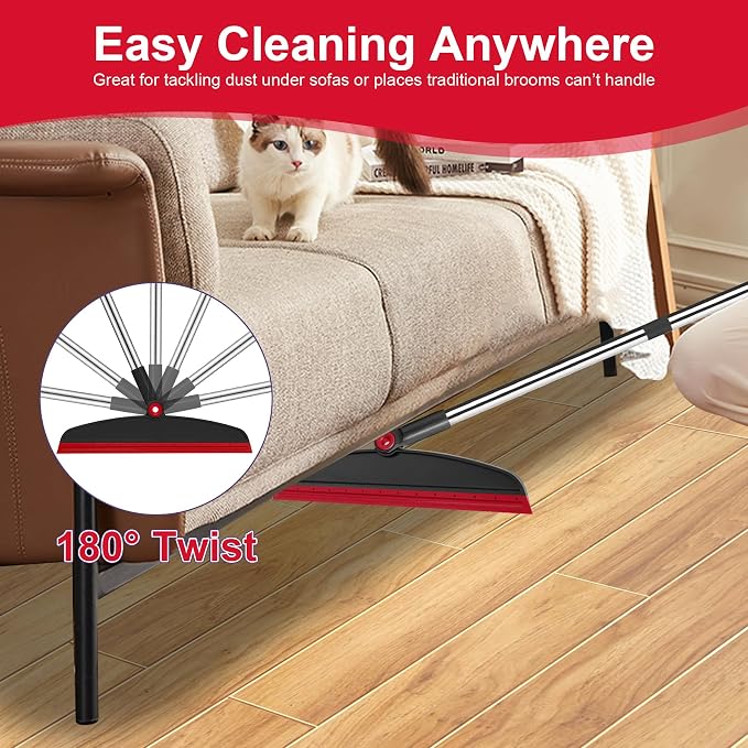 Broom and Dustpan Combo Set, 51" Long Handle with Silicone Squeegee | Wet & Dry Cleaning for Pet Areas, Built-in Comb Dustpan, Foldable Space-Saving Storage, Multi-Surface Floor Cleaning