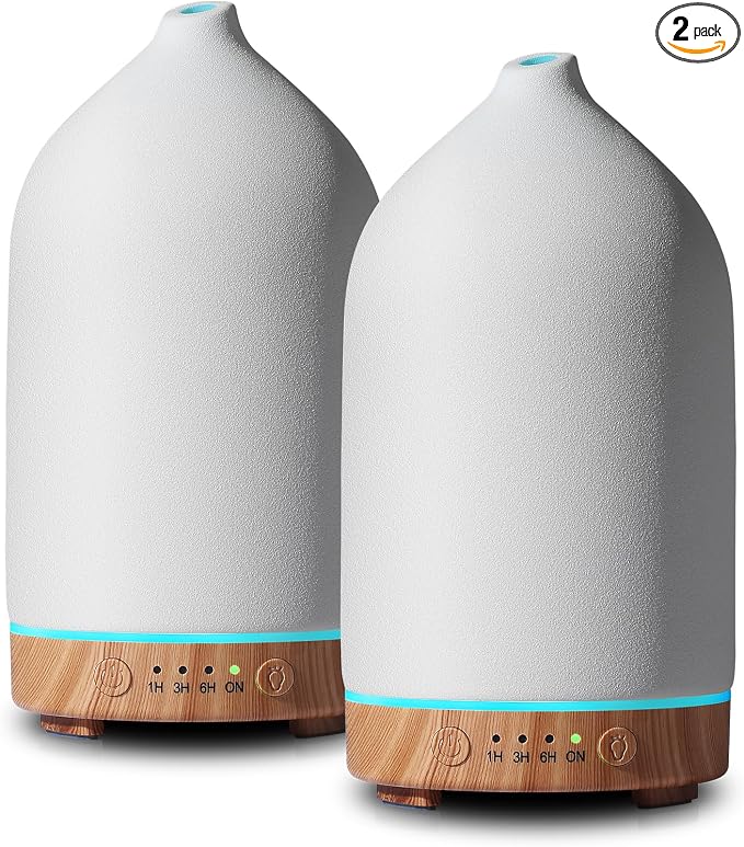 200ML Ceramic Essential Oil Diffuser for Home, Stone Diffuser 2 Pack | Ultrasonic Aromatherapy Diffuser & Air Humidifier for Bedroom, Office, Yoga, 7 LED Lights, Auto Shut-Off, 3 Timers,Wood Grain