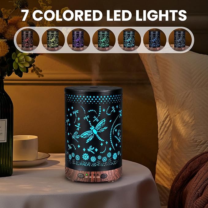 Essential Oil Diffuser 120ML Metal Aromatherapy Diffuser with Timer, Cool Mist Humidifier with Auto Shut-Off & 7 Color Lights for Home Office Spa (Dragonfly)