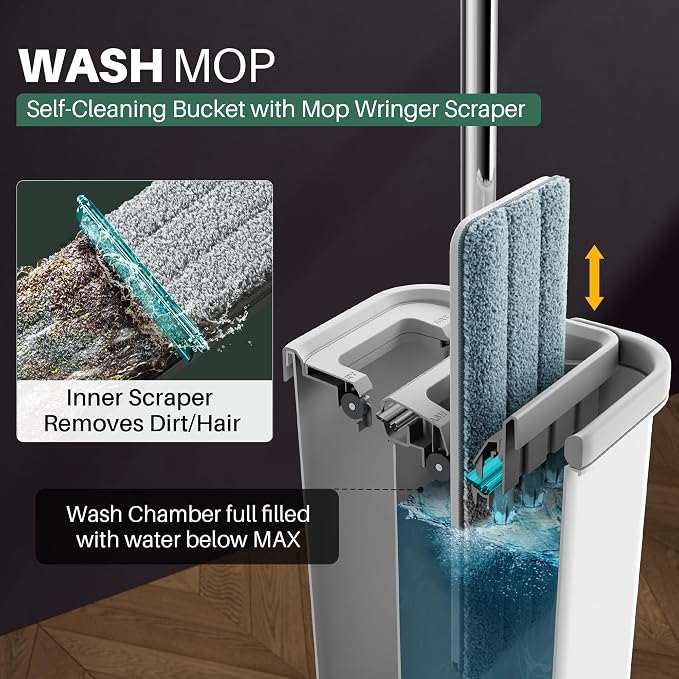 JOYMOOP Flat Mop System, Microfiber Mop and Bucket Set, White, Hands-Free Floor Cleaning System with Wringer, Wet and Dry Use, 60" Handle, Includes 4 Reusable Pads