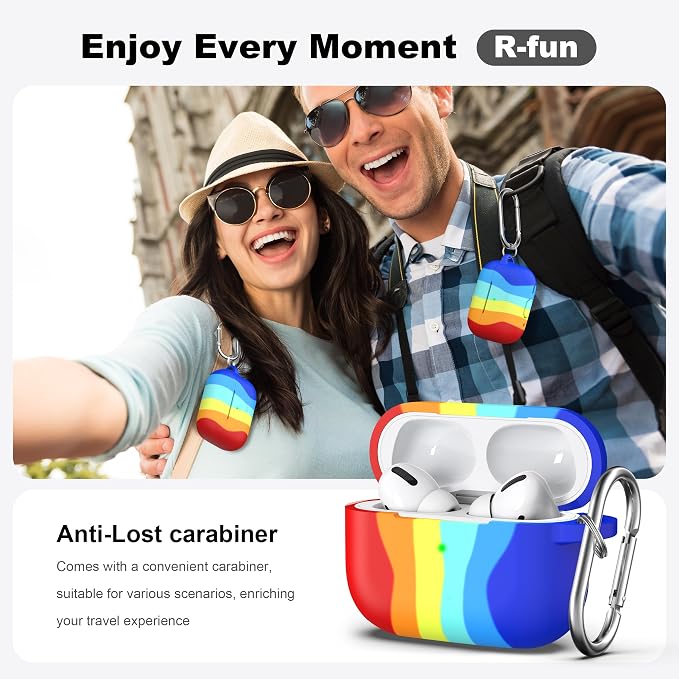 R-fun for AirPods Pro 2 Case, Soft Silicone Protective Cover with Keychain and Cleaning Pen, Compatible with AirPods Pro 2nd/1st Generation, Supports Wireless Charging, Rainbow
