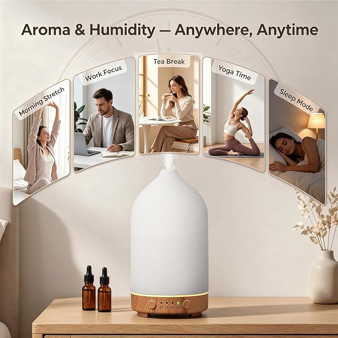 200ML Ceramic Essential Oil Diffuser for Home, Stone Diffuser 2 Pack | Ultrasonic Aromatherapy Diffuser & Air Humidifier for Bedroom, Office, Yoga, 7 LED Lights, Auto Shut-Off, 3 Timers,Wood Grain