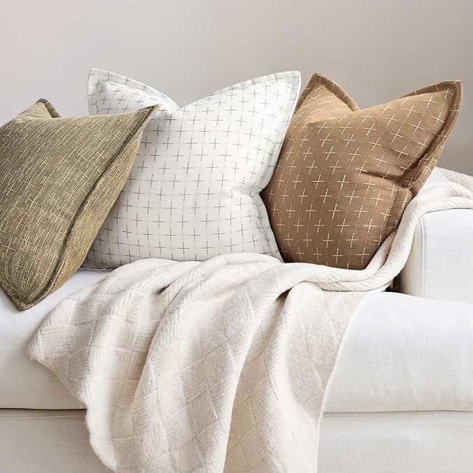 ZWJD Throw Pillow Pillow Covers 20x20 Set of 2 Soft Polyester Textured Pillow Covers with Stylish Flange Edge Cozy Farmhouse Throw Pillows for Couch Bed Sofa Living Room