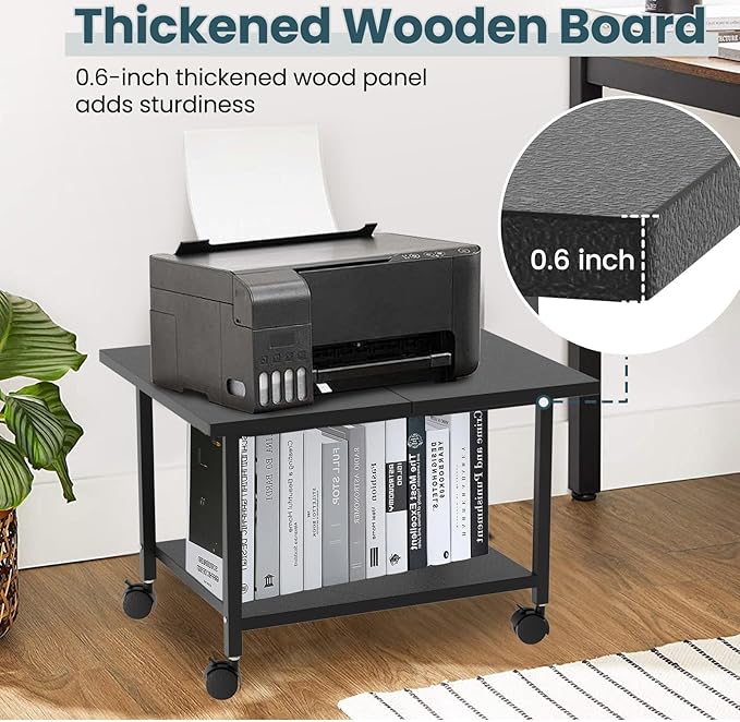 Printer Stand with Storage Under Desk Shelf, Desktop Printer Stand Organizer, Rolling Printer Cart Storage Paper Files Holder for Desk, Office, Home, (Black)