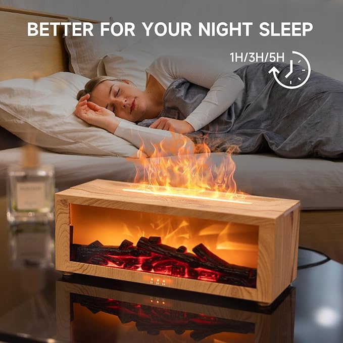 TMEHM Fireplace Flame Essential Oil Diffuser Humidifier, Aromatherapy | Ultrasonic Mist with 7 Colors and Timer for Home, Bedroom, Office, and Yoga