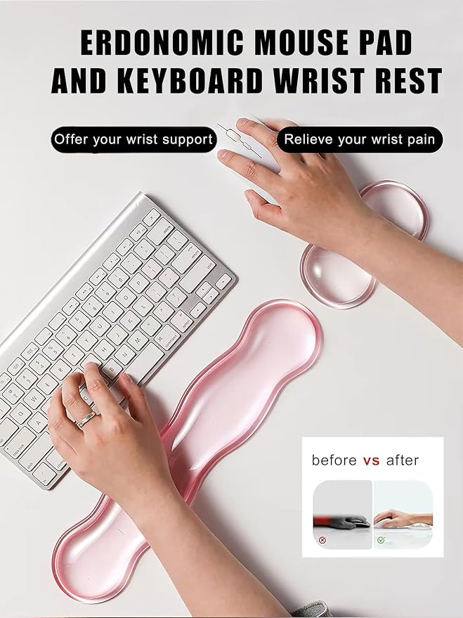 Mouse Pad with Wrist Rest, Soft Cloud Gel Keyboard Mouse Pad Set with Hand Wrist Support, Cute Non Slip Office Desk Accessories for Comfort/Pain Relief/Computer/Laptop (Pink Wave)