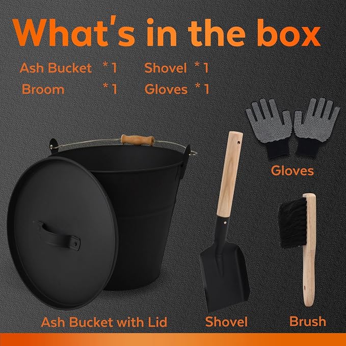 3.5 Gallon Ash Bucket with Lid and Shovel, Metal Fireplace Ash Bucket with Broom, Complete Fireplace Tools Set for Wood Stove and Fireplace