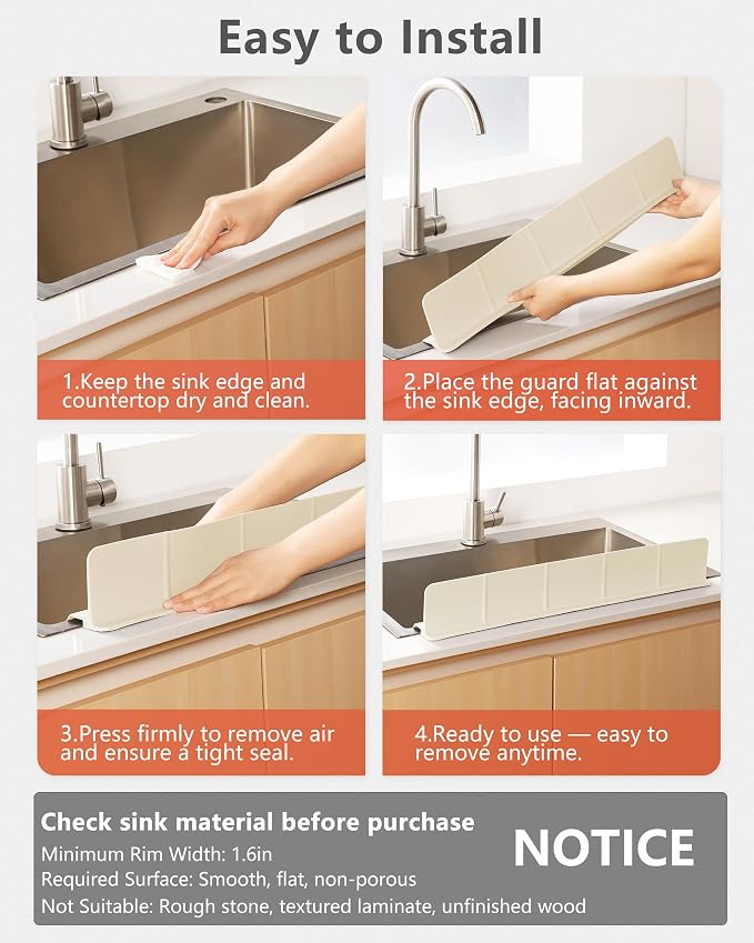 Kitchen Sink Splash Guard 23" 18" 30" Self-Draining Silicone Water Guard with High Splash Wall & Strong Suction Cups for Faucet, Countertop & Sink Edge, Keeps Sinks Dry, Dishwasher Safe,Cream