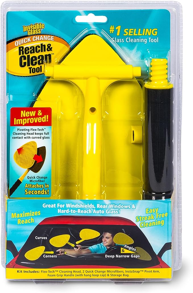 Invisible Glass 95160 Reach & Clean Windshield Cleaning Tool and Car Window Cleaner Tool for Interior and Exterior Auto Glass, Trucks, SUVs, RVs and Home Windows with 2 Microfiber Pads and Storage Bag