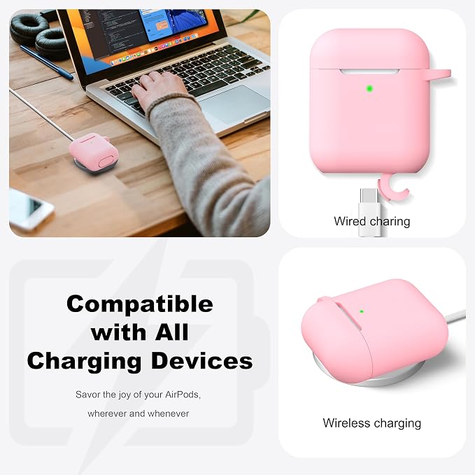 R-fun for AirPods 1/2 Case, Soft Silicone Protective Cover with Keychain and Cleaning Pen, Compatible with AirPods 2nd/1st Generation (2016/2019), Full Drop Protection Cover, Pink