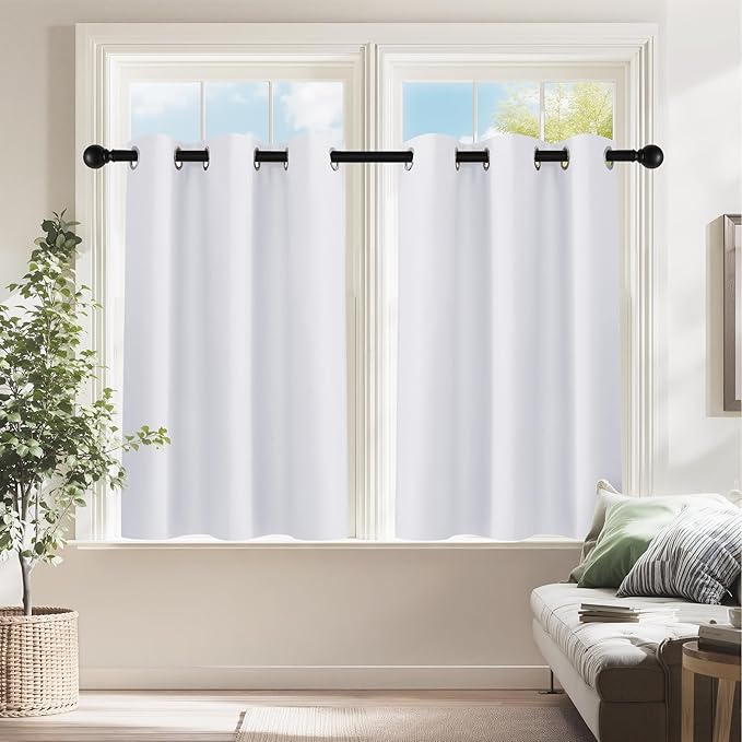 PONY DANCE Room Darkening Window Curtain Tiers, Kitchen/Bathroom/Kids Bedroom Decor Thermal Insulated Window Treatment Short Curtain, Pure White, 34W by 36L inches, 2 Panels