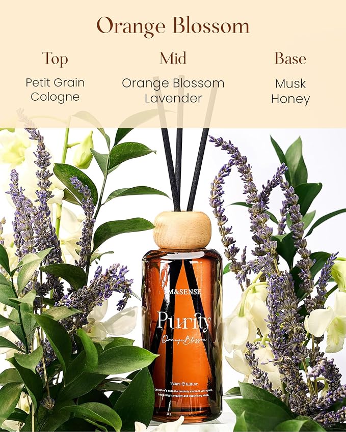 M&SENSE Reed Diffuser Set, Orange Blossom, 6.3 oz Natural Essential Oil | Non-Toxic Organic, Long-Lasting Fragrance, Ideal for Living Room, Kitchen, Gifts for Women