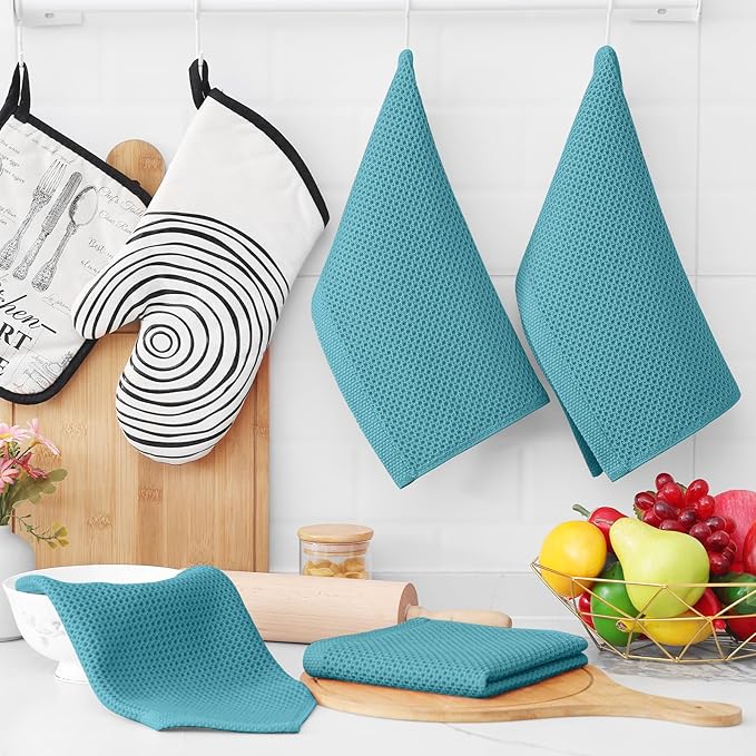 Homaxy 100% Cotton Waffle Weave Kitchen Dish Cloths, Ultra Soft Absorbent Quick Drying Dish Towels, 12 x 12 Inches, 8-Pack, Lake Blue