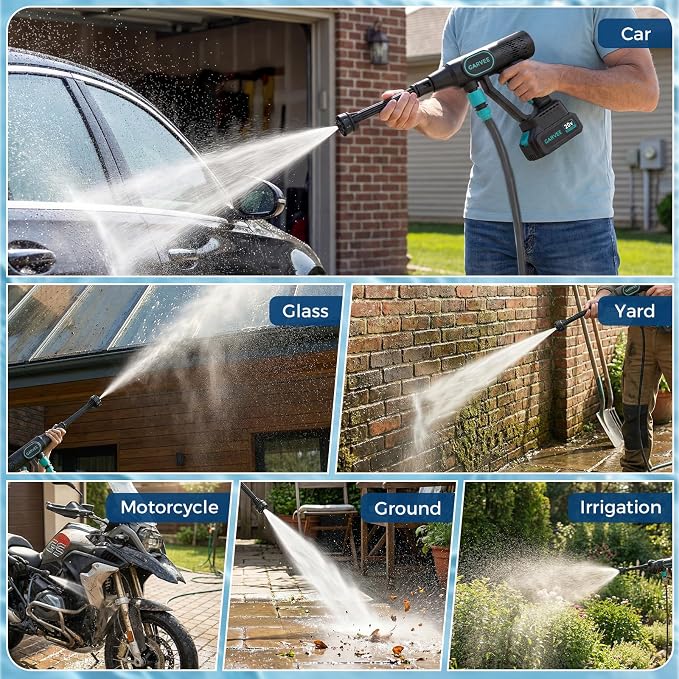 Garvee 20V Cordless Pressure Washer, 4.0Ah Battery & Charger, Brushless Portable Power Washer with 6-in-1 Nozzle, 26FT Self-Priming Hose for Car Patio Garden Shower Cleaning
