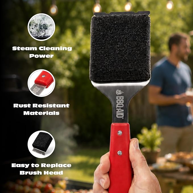 Bristle Free Grill Brush Cleaner and Scraper for Barbecue, Replaceable Head | Safe Bristle-Free Stainless Steel Scrub Pad with Heavy-Duty Scraper & Long Red Handle, Safe on Any Grill Grate